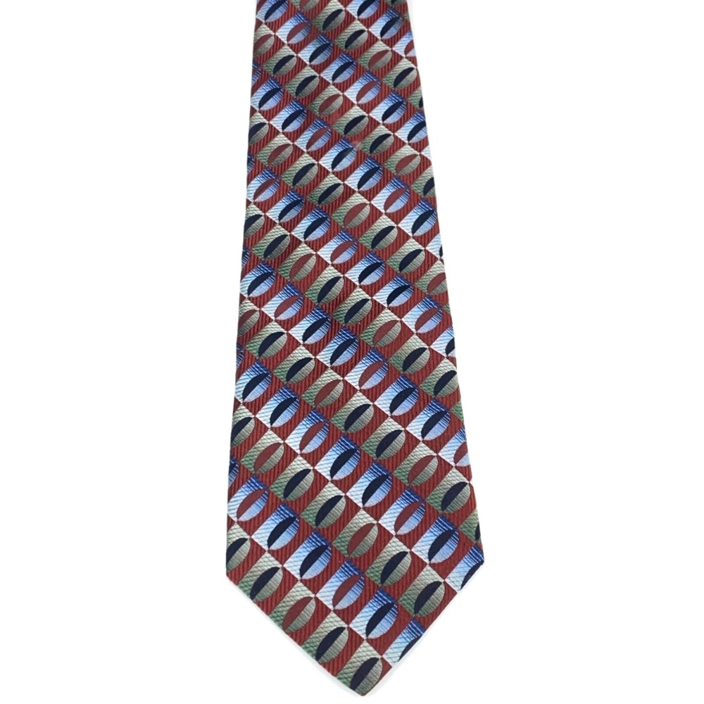 Jhane Barnes Men's Tie 100% Silk Auburn Red w/ Green Blue Geometric Necktie 60" - Picture 6 of 11
